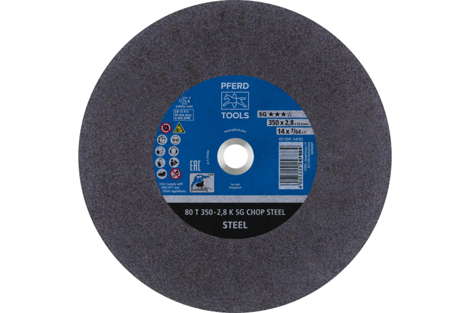 Picture of Pferd Large Diameter Cut-Off Wheel 14" X 7/64 X 1, Sg Chop Steel, K, Aluminum Oxide